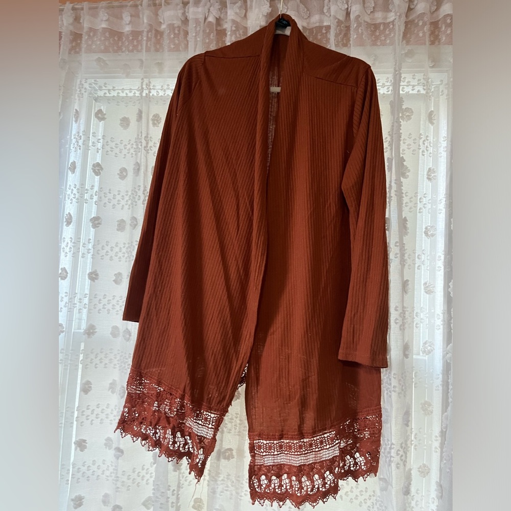 Rusty orange cardigan with lace trim